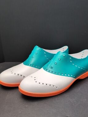 Biion Men's Slip On Golf Shoes Teal/Orange/White Size 9M.
